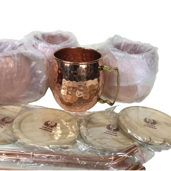 Copper Cure Moscow Mule 16 Oz Hammered Mug x4 +Coasters +Straws-New-Box Gift Set - Picture 4 of 8